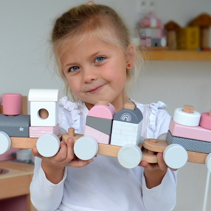 Holzzug mit Bausteinen rosa ab 18 Monaten
