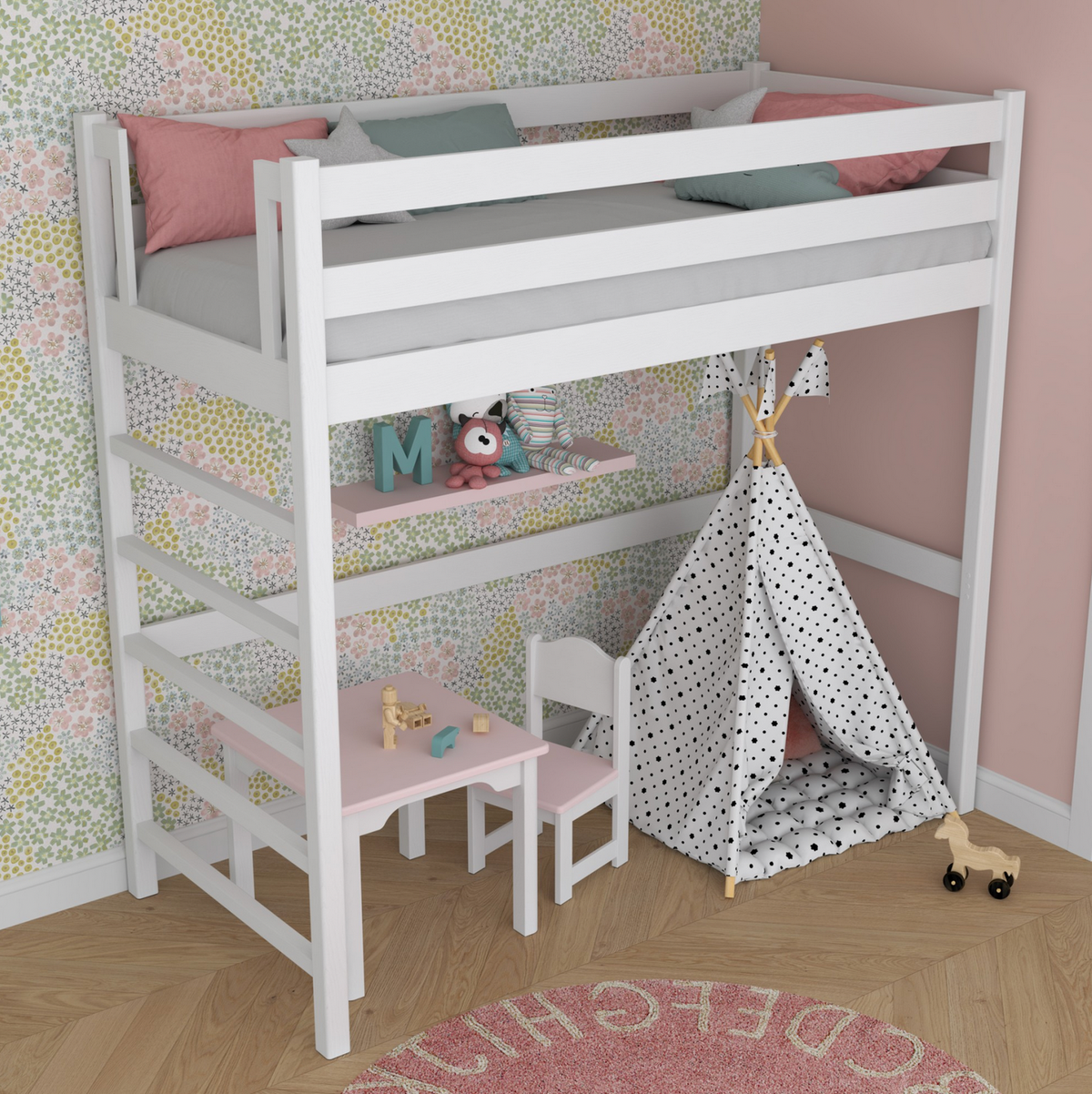 Hochbett Woody 01 mit Leiter links, aus selektiertem Vollholz in weiß, Hochbett für Kinderzimmer