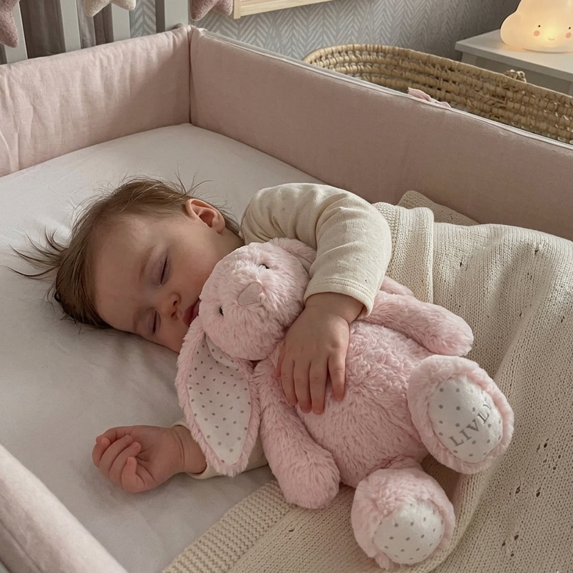 Ein schlafendes Kleinkind in einem hellen Babybett, das einen rosa Plüschhasen fest im Arm hält.