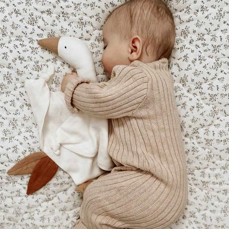 Kuscheltuch Gans liegt neben schlafendem Baby