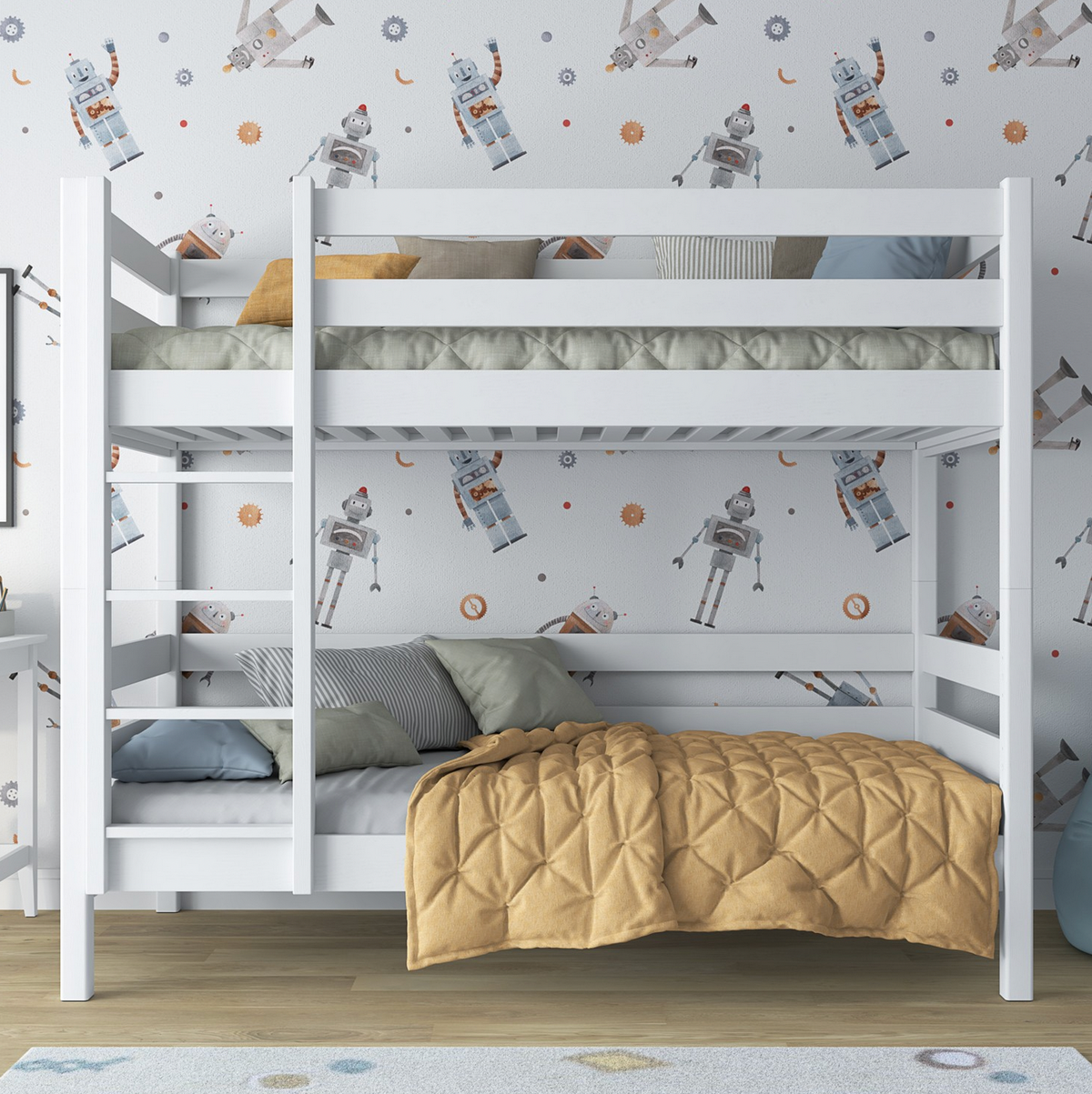 Stockbett Holz weiß mit leiter links im Kinderzimmer